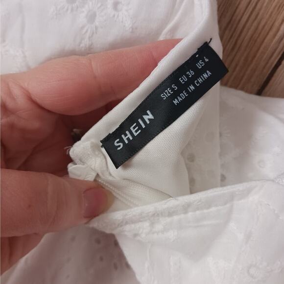 Shein Coquette White Eyelet Cut Out Twist Front Ruche Mini Dress Size 4 - Picture 5 of 10